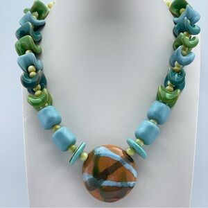 Bold Ceramic Statement Necklace Green Blue Abstract Pendant Beaded Chunky